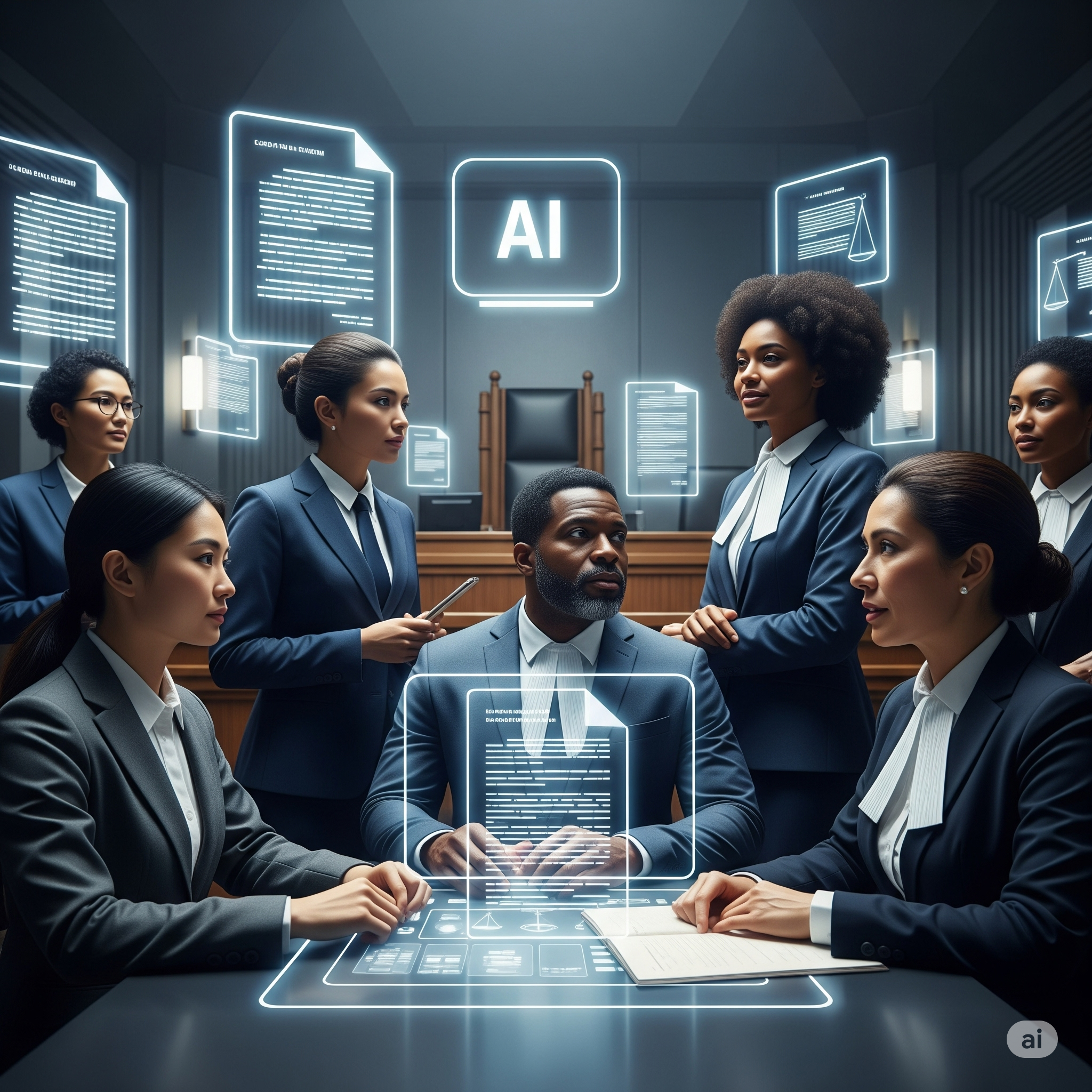 A modern graphic representing the intersection of law, like scales of justice, and technology, like a neural network.