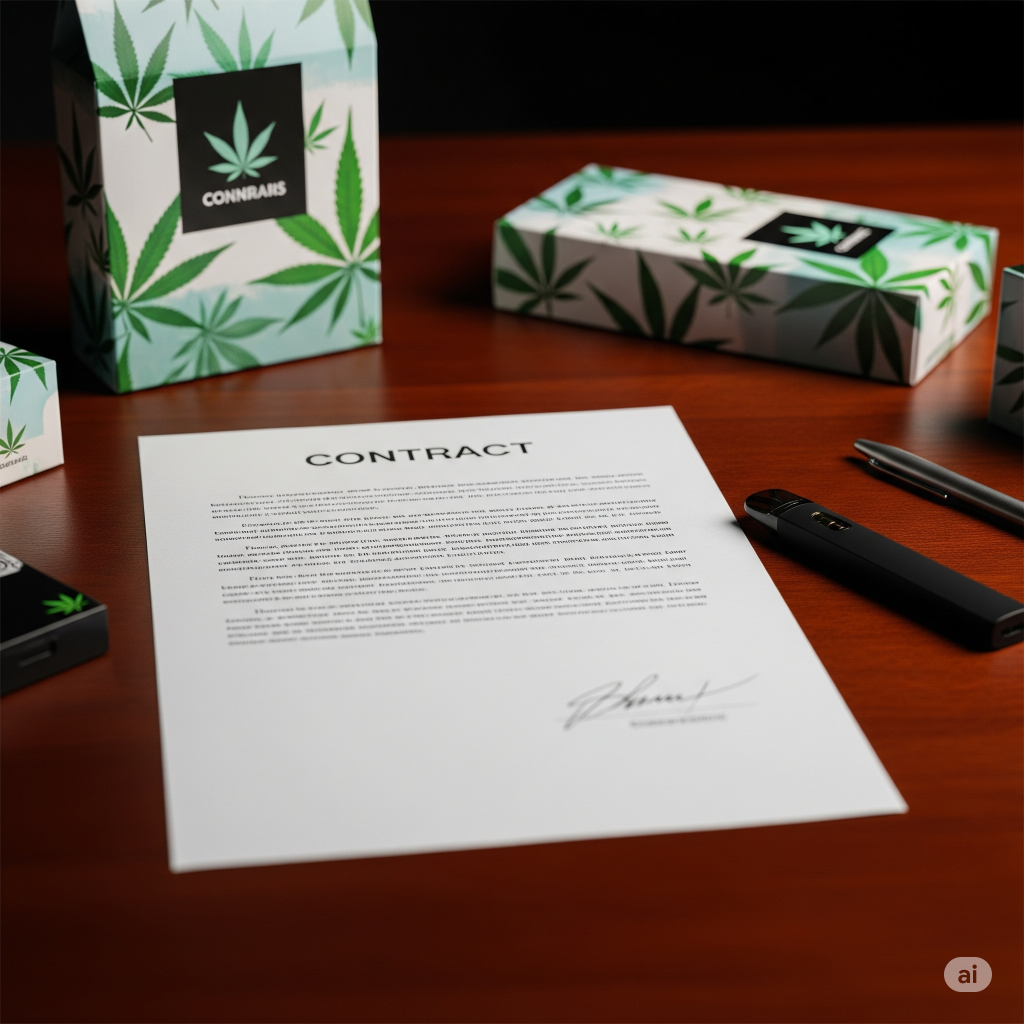 A signed contract on a desk with cannabis business elements.