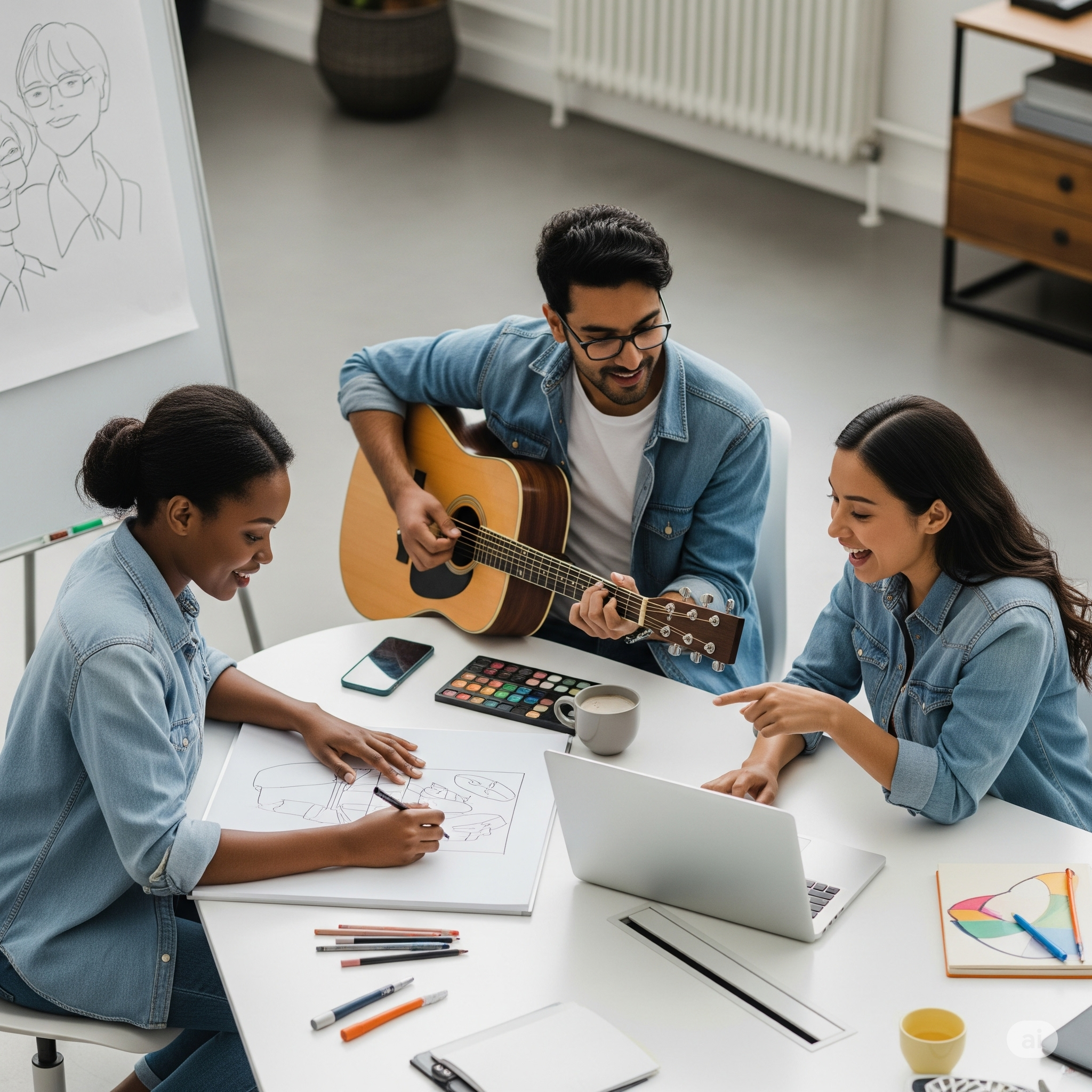Diverse group of creatives collaborating effectively around a table