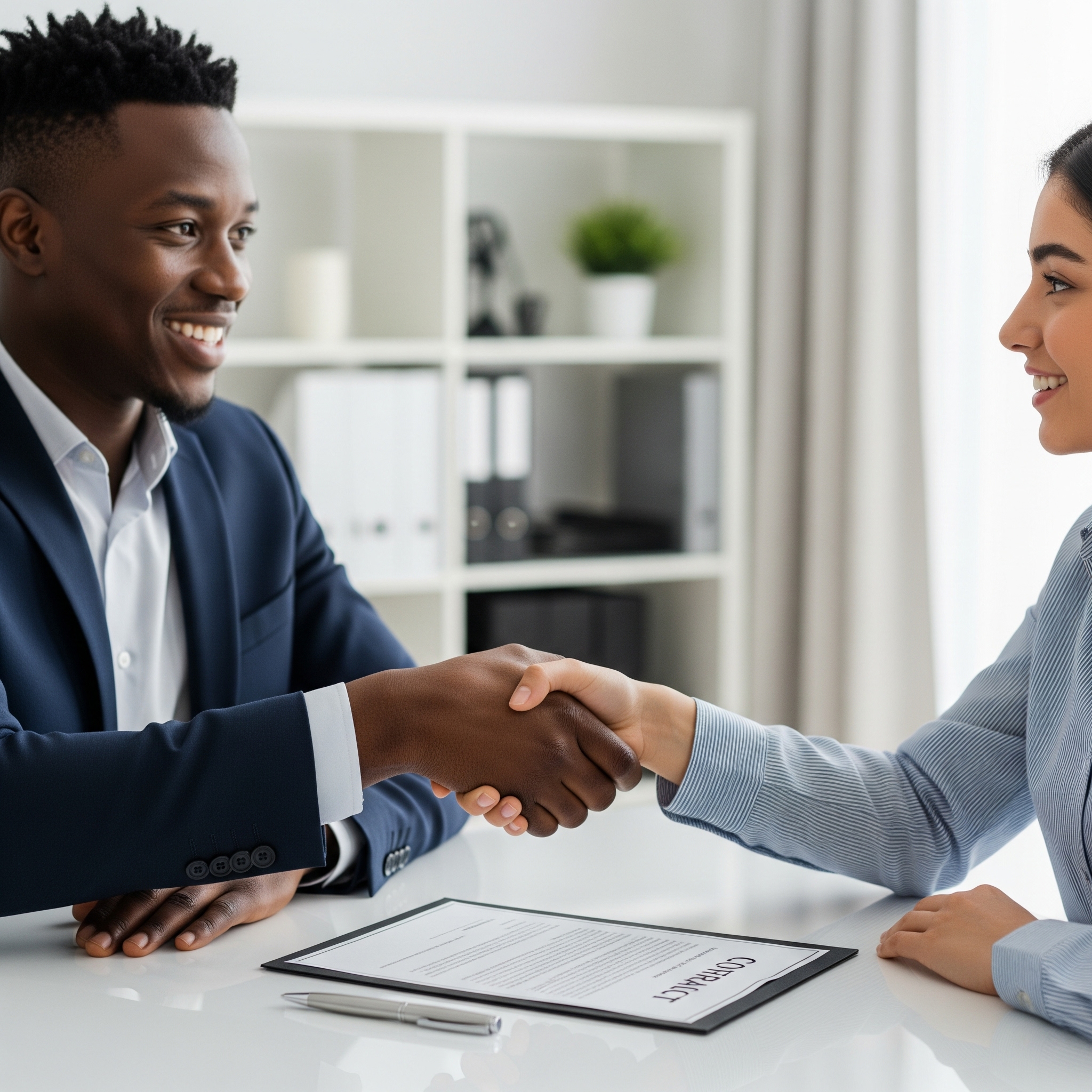 Two professionals, one appearing to be a Black man and the other a woman who could be of South Asian or Middle Eastern descent, shaking hands over a contract document on a desk.