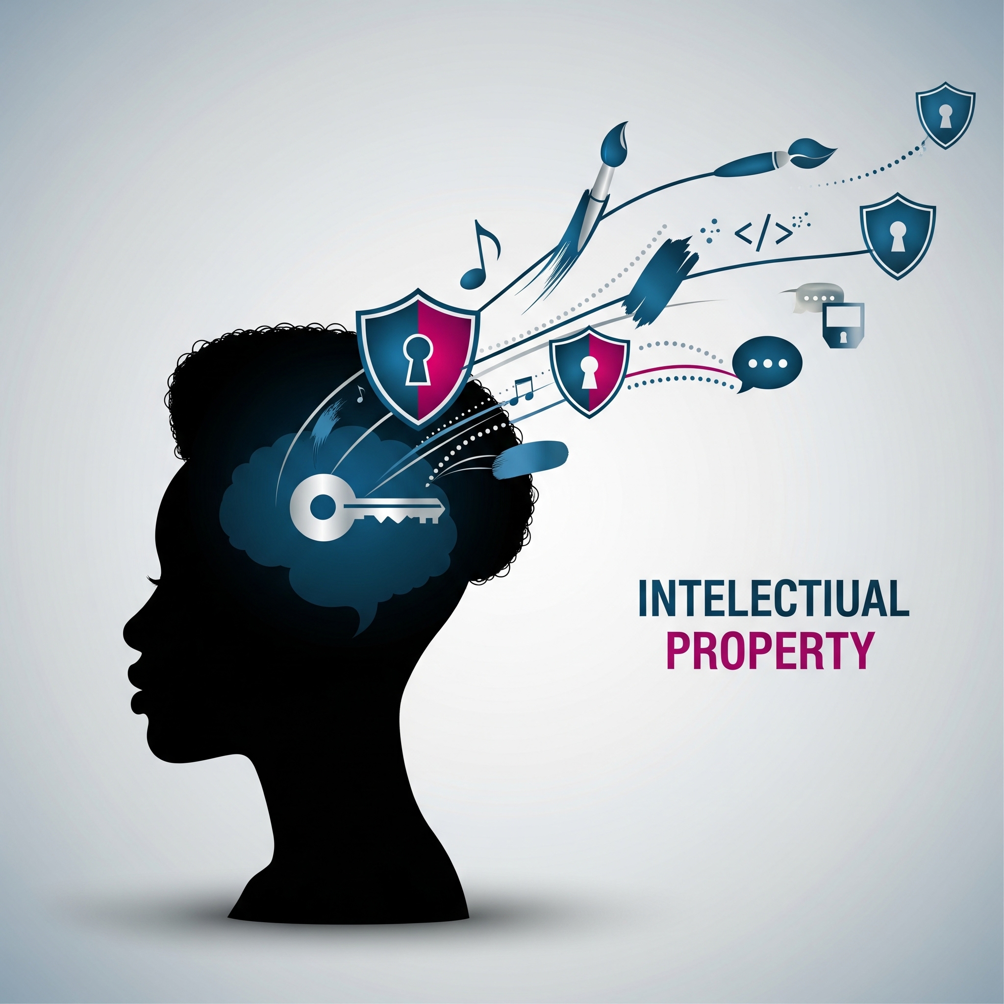 Abstract visual representing intellectual property with shield and creative icons